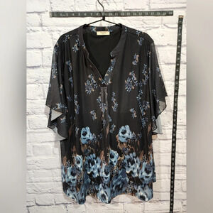 Timeson lightweight, flowy black and blue blouse Size 2XL